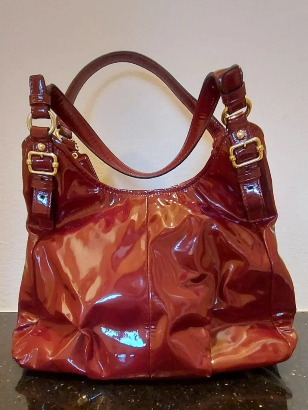 2011 Coach Madison Maggie Shoulder Hobo Bag in Bordeaux/Burgundy Patent Leather